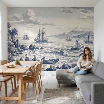 Coastal Landscape Wallpaper Toile Vintage Engraving Wall Mural