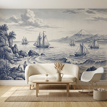 Coastal Landscape Wallpaper Toile Vintage Engraving Wall Mural