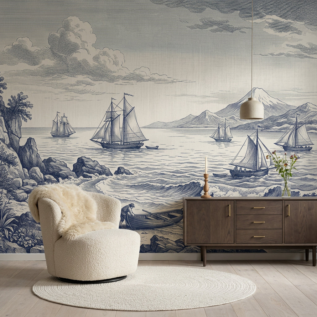 Coastal Landscape Wallpaper Toile Vintage Engraving Wall Mural
