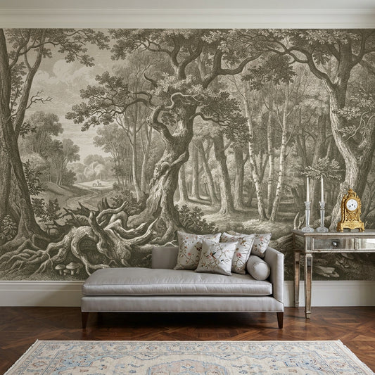 Vintage Forest Wallpaper Engraving Style Removable Woodland Landscape Wall Decor