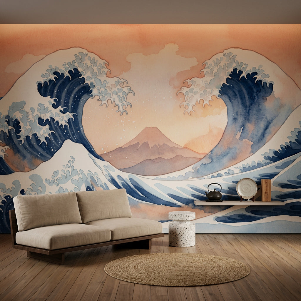 Ocean Waves Wallpaper Watercolor Japanese Inspired Removable Wall Decor