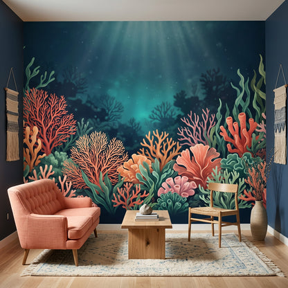 Dark Underwater Wallpaper Coral Reef Ocean Blue Wall Mural