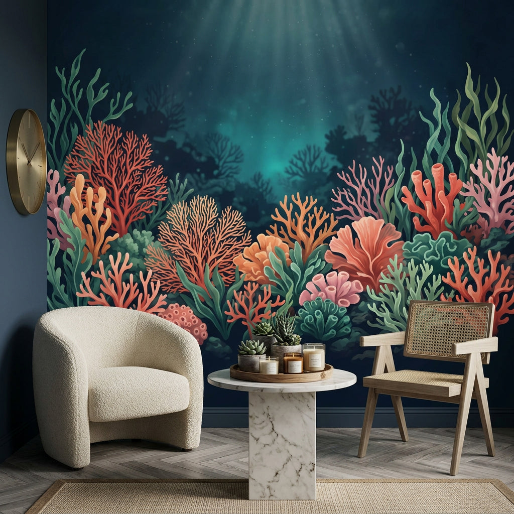 Dark Underwater Wallpaper Coral Reef Ocean Blue Wall Mural