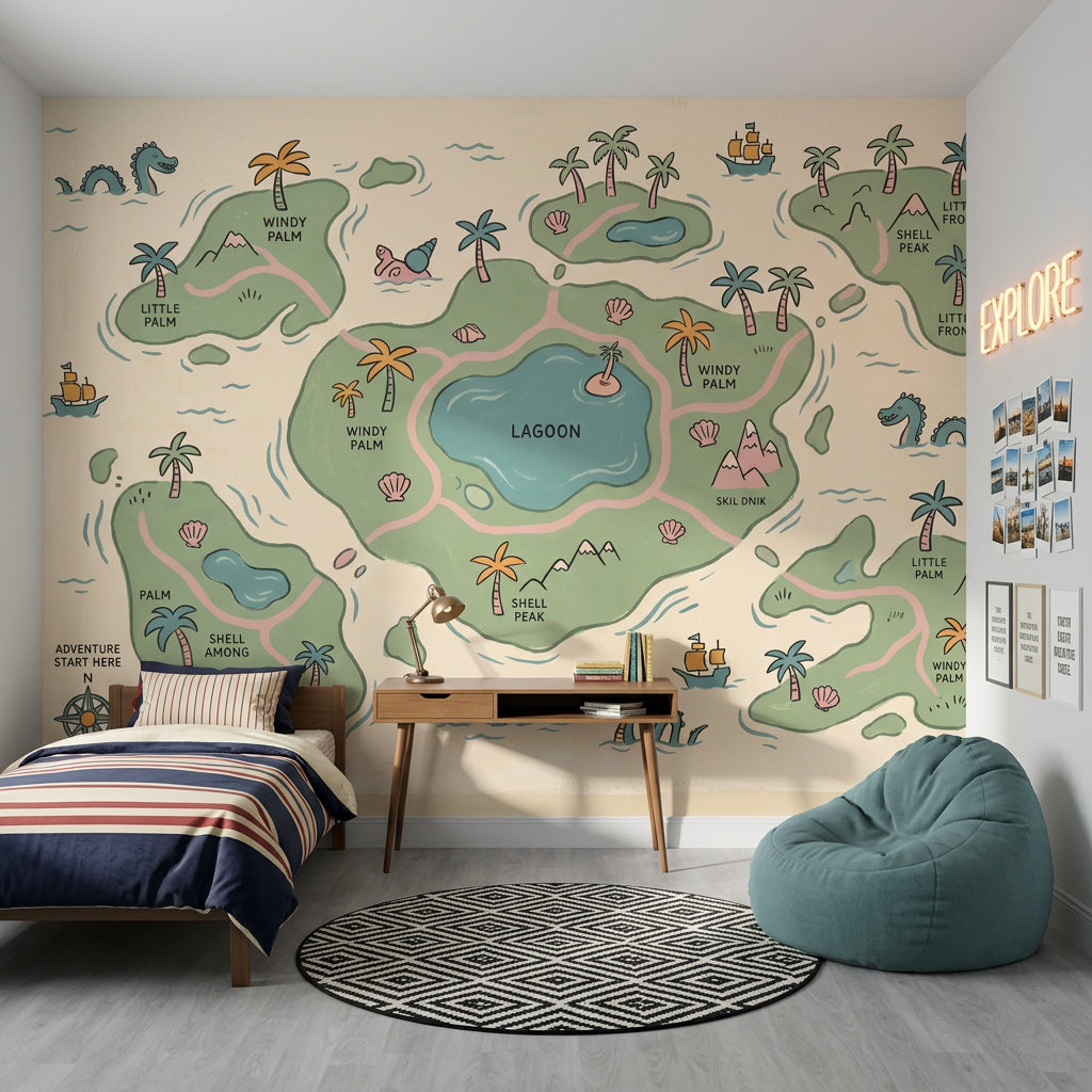 Tropical Island Map Wallpaper Lagoon Removable Pastel Illustration Wall Decor