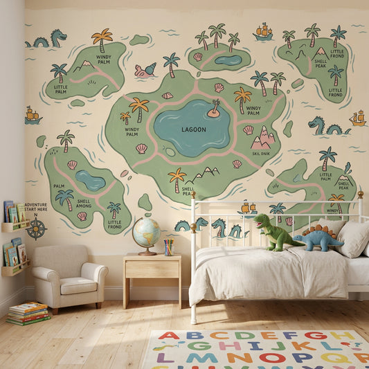 Tropical Island Map Wallpaper Lagoon Removable Pastel Illustration Wall Decor