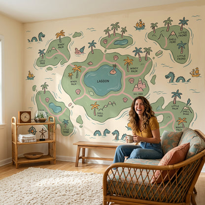Tropical Island Map Wallpaper Lagoon Removable Pastel Illustration Wall Decor
