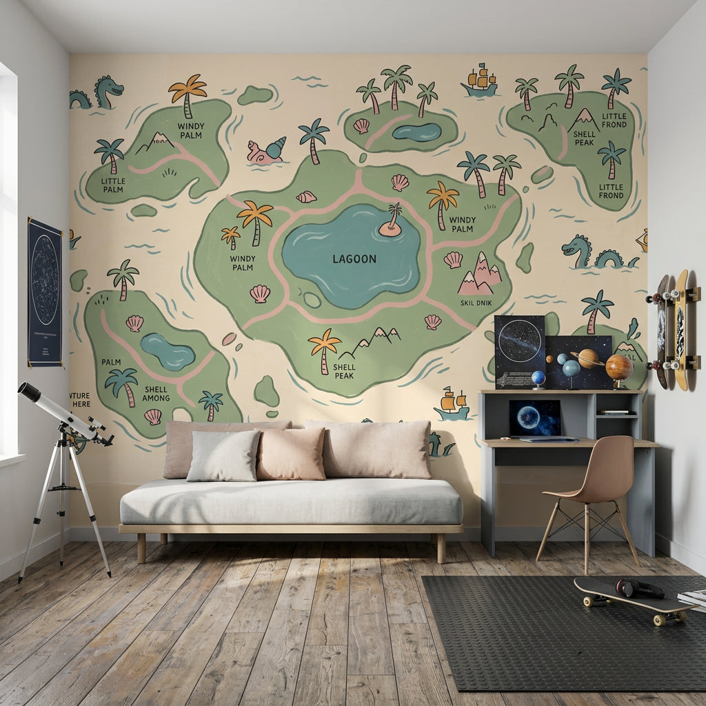 Tropical Island Map Wallpaper Lagoon Removable Pastel Illustration Wall Decor