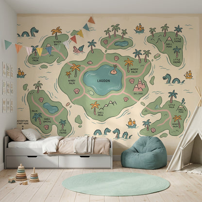 Tropical Island Map Wallpaper Lagoon Removable Pastel Illustration Wall Decor