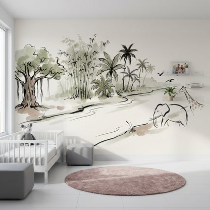 Tropical Landscape Wallpaper Watercolor Ink River Removable Wall Decor