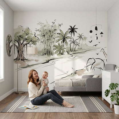 Tropical Landscape Wallpaper Watercolor Ink River Removable Wall Decor