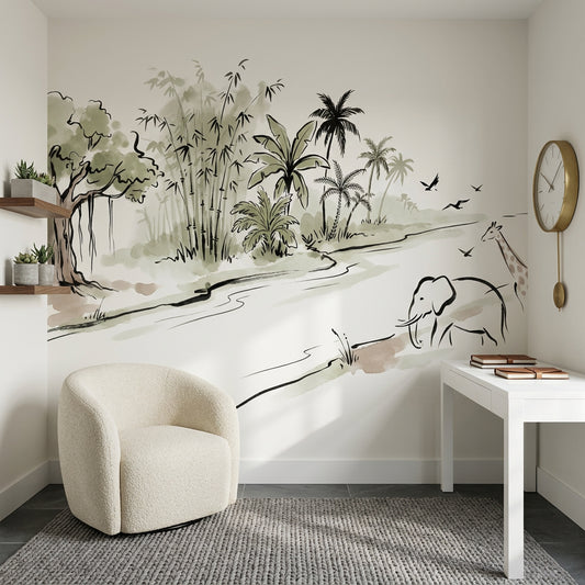 Tropical Landscape Wallpaper Watercolor Ink River Removable Wall Decor