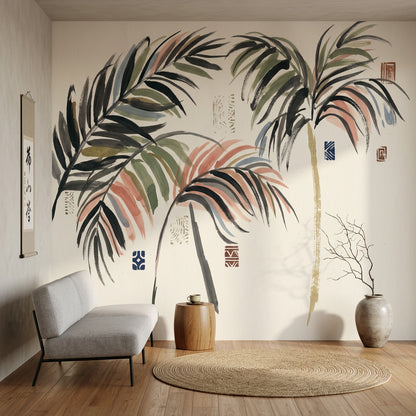 Tropical Palm Wallpaper Botanical Leaves Cream Background Wall Mural