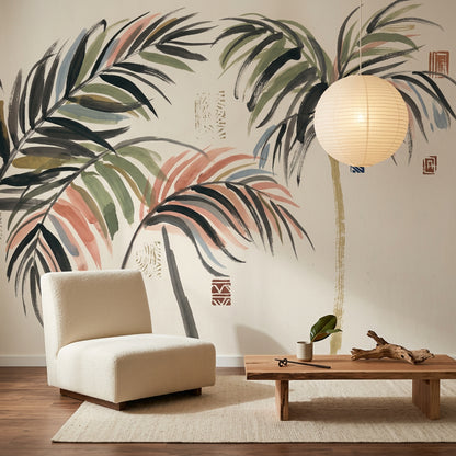 Tropical Palm Wallpaper Botanical Leaves Cream Background Wall Mural
