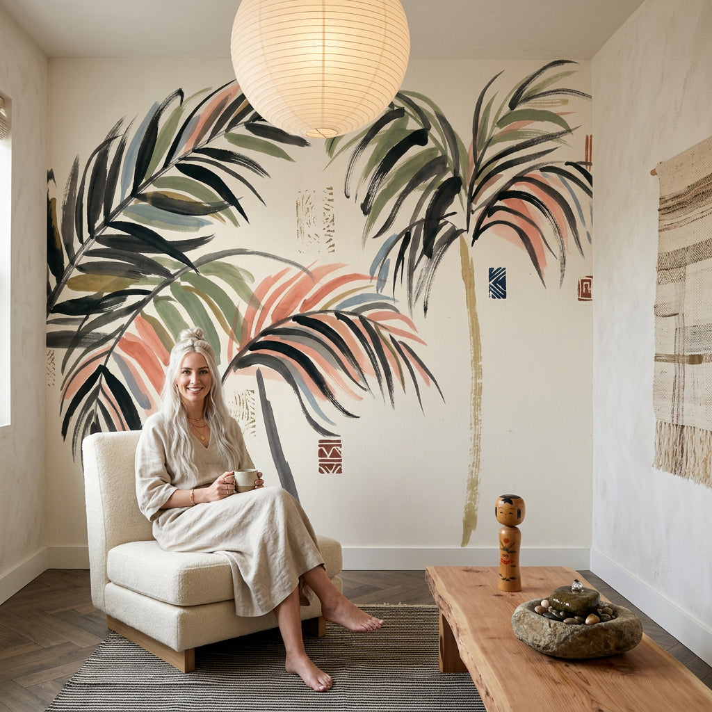 Tropical Palm Wallpaper Botanical Leaves Cream Background Wall Mural