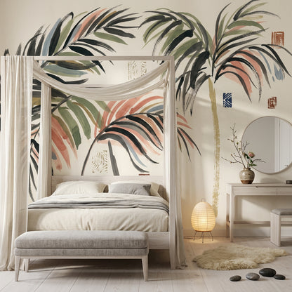 Tropical Palm Wallpaper Botanical Leaves Cream Background Wall Mural