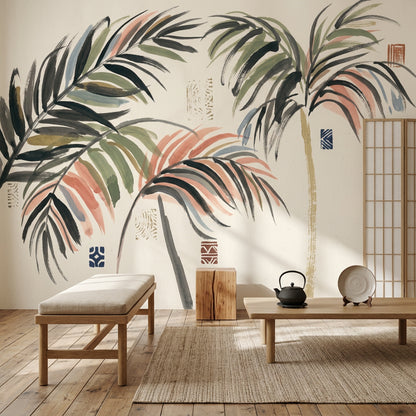 Tropical Palm Wallpaper Botanical Leaves Cream Background Wall Mural