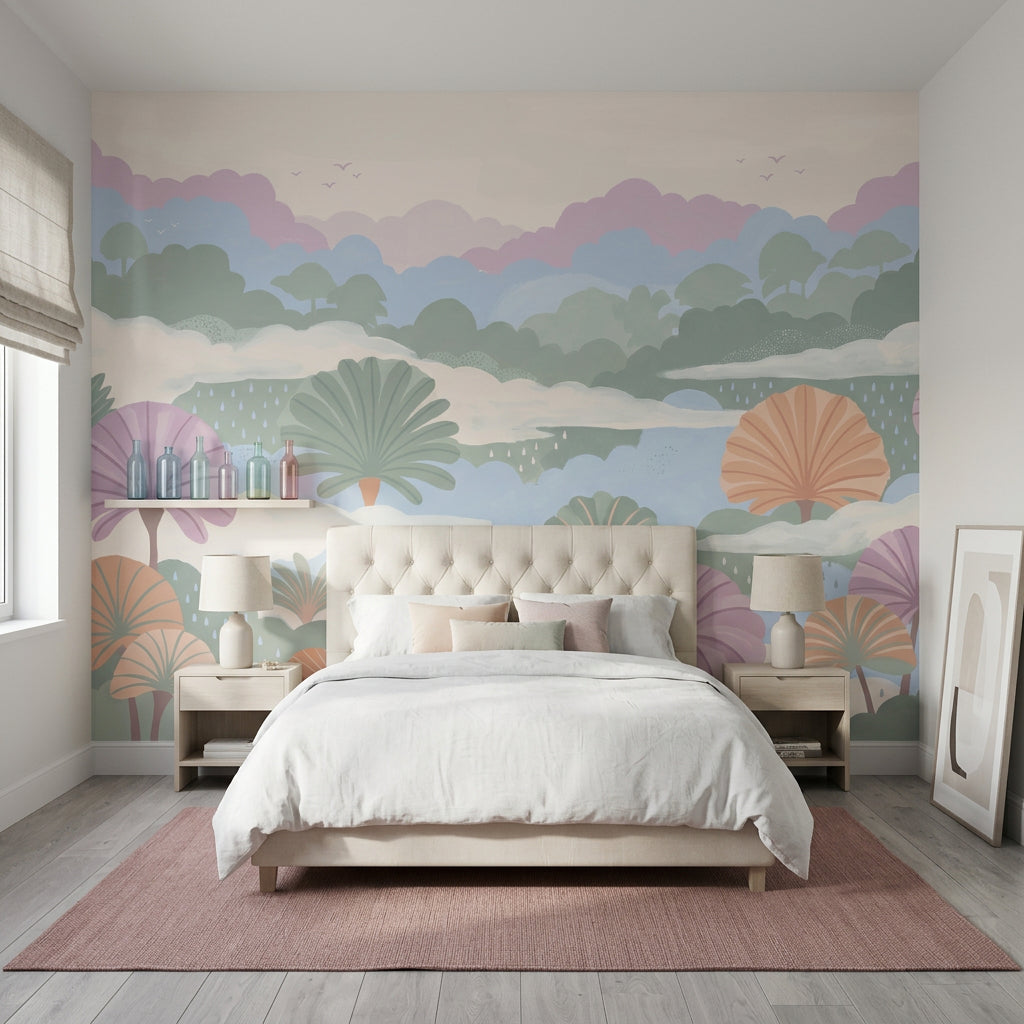 Pastel Landscape Wallpaper Stylized Trees Removable Layered Hills Wall Decor