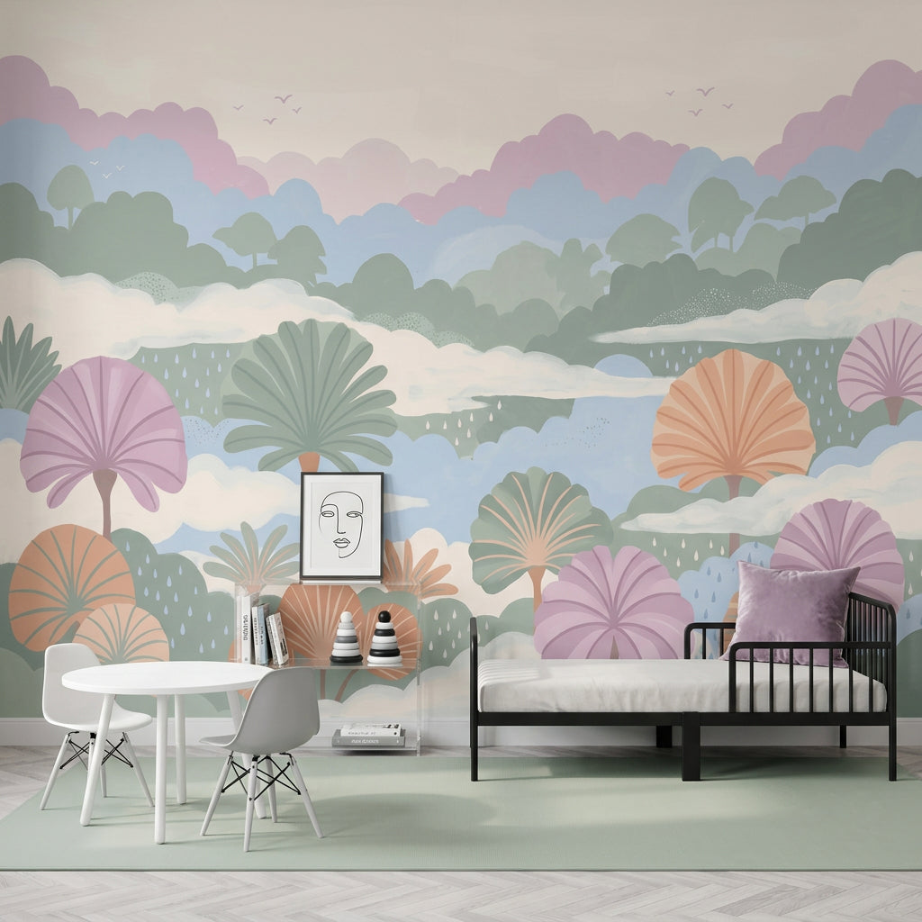 Pastel Landscape Wallpaper Stylized Trees Removable Layered Hills Wall Decor