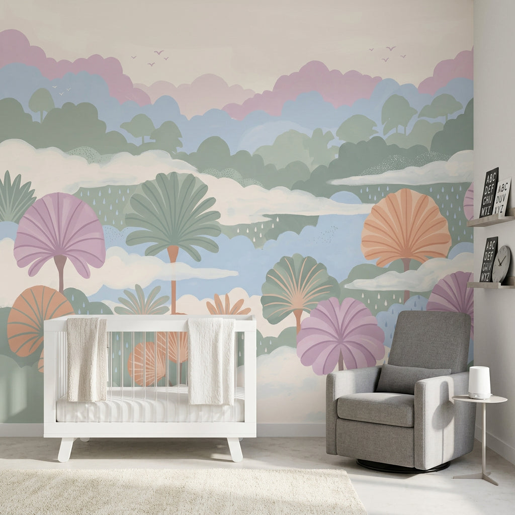 Pastel Landscape Wallpaper Stylized Trees Removable Layered Hills Wall Decor