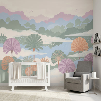 Pastel Landscape Wallpaper Stylized Trees Removable Layered Hills Wall Decor
