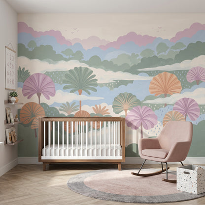 Pastel Landscape Wallpaper Stylized Trees Removable Layered Hills Wall Decor