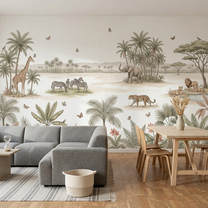 White Background Wallpaper Safari Watercolor Removable Wall Decor