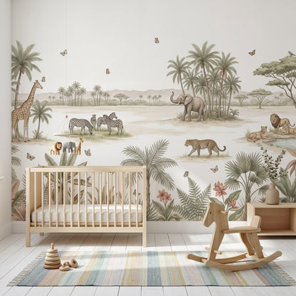 White Background Wallpaper Safari Watercolor Removable Wall Decor