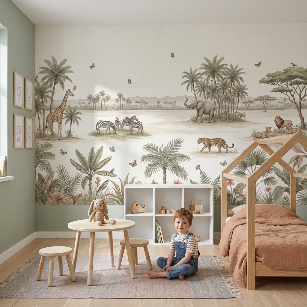 White Background Wallpaper Safari Watercolor Removable Wall Decor