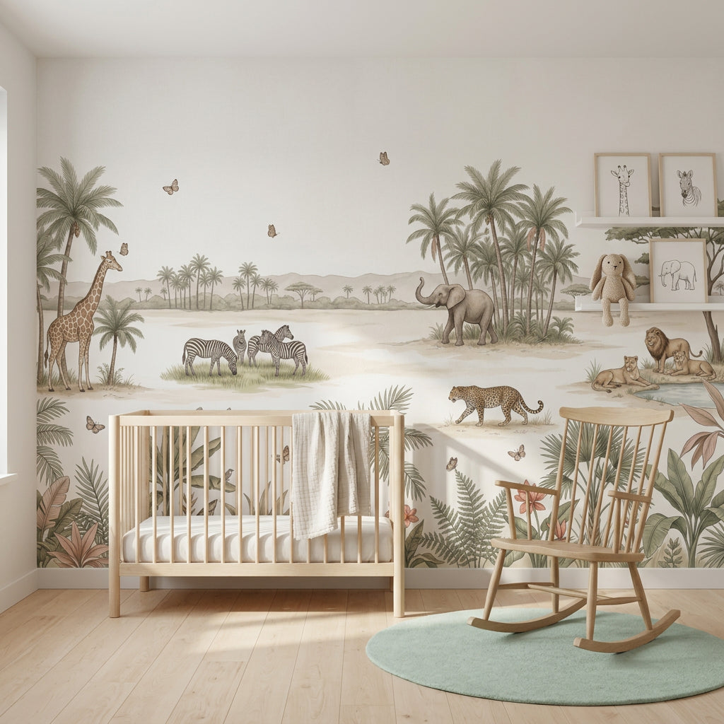 White Background Wallpaper Safari Watercolor Removable Wall Decor