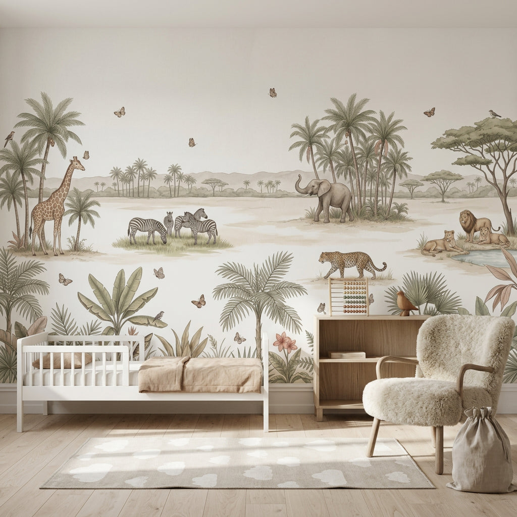 White Background Wallpaper Safari Watercolor Removable Wall Decor