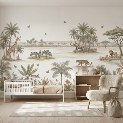 White Background Wallpaper Safari Watercolor Removable Wall Decor