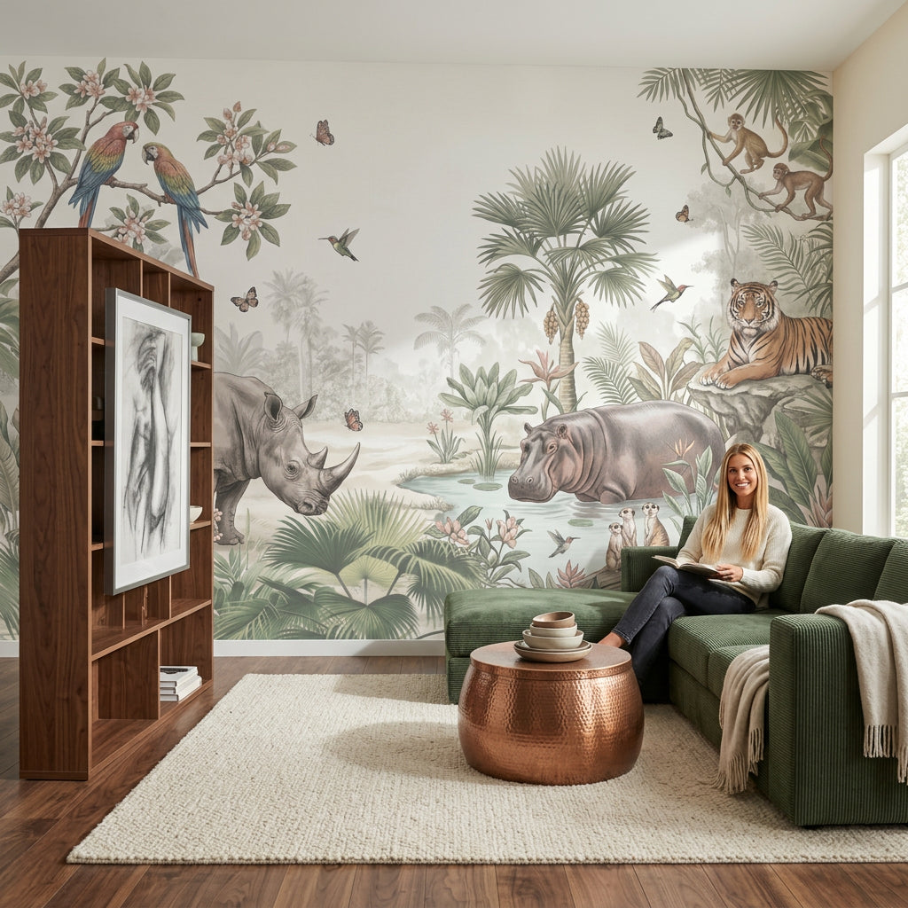 Tropical Jungle Wallpaper Wildlife Removable Watercolor Illustration Wall Decor