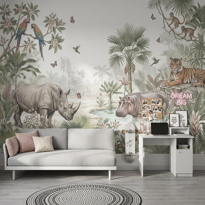 Tropical Jungle Wallpaper Wildlife Removable Watercolor Illustration Wall Decor