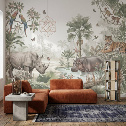 Tropical Jungle Wallpaper Wildlife Removable Watercolor Illustration Wall Decor