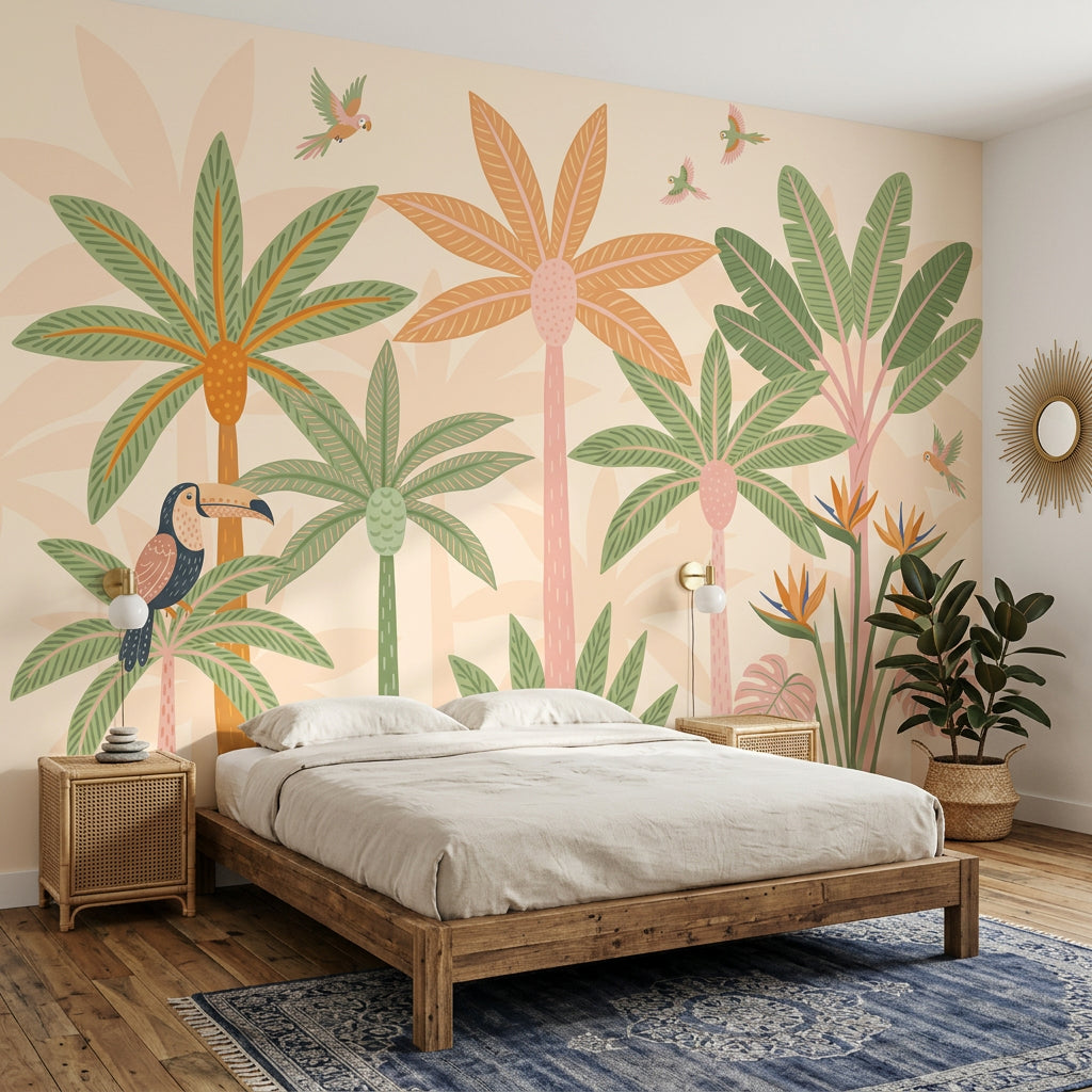 Tropical Wallpaper Palm Trees Parrots Removable Wall Decor