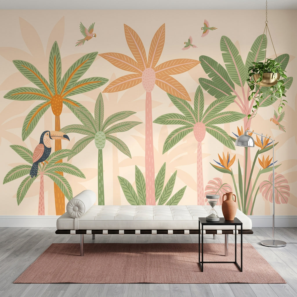 Tropical Wallpaper Palm Trees Parrots Removable Wall Decor