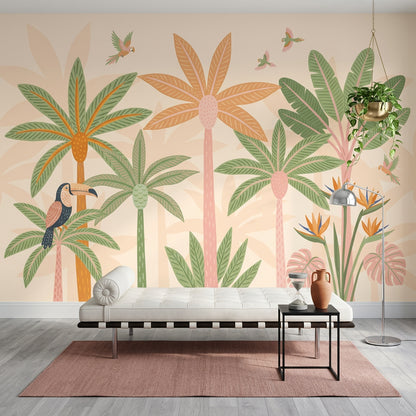 Tropical Wallpaper Palm Trees Parrots Removable Wall Decor