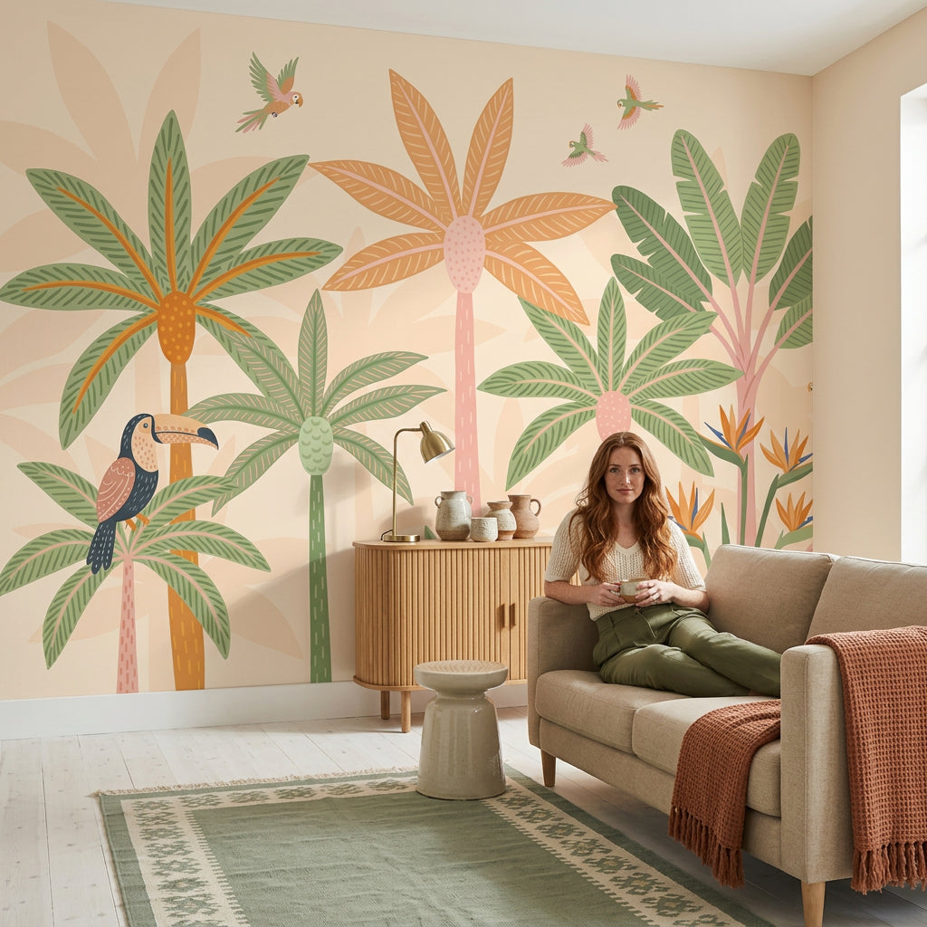 Tropical Wallpaper Palm Trees Parrots Removable Wall Decor