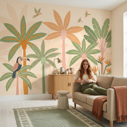 Tropical Wallpaper Palm Trees Parrots Removable Wall Decor