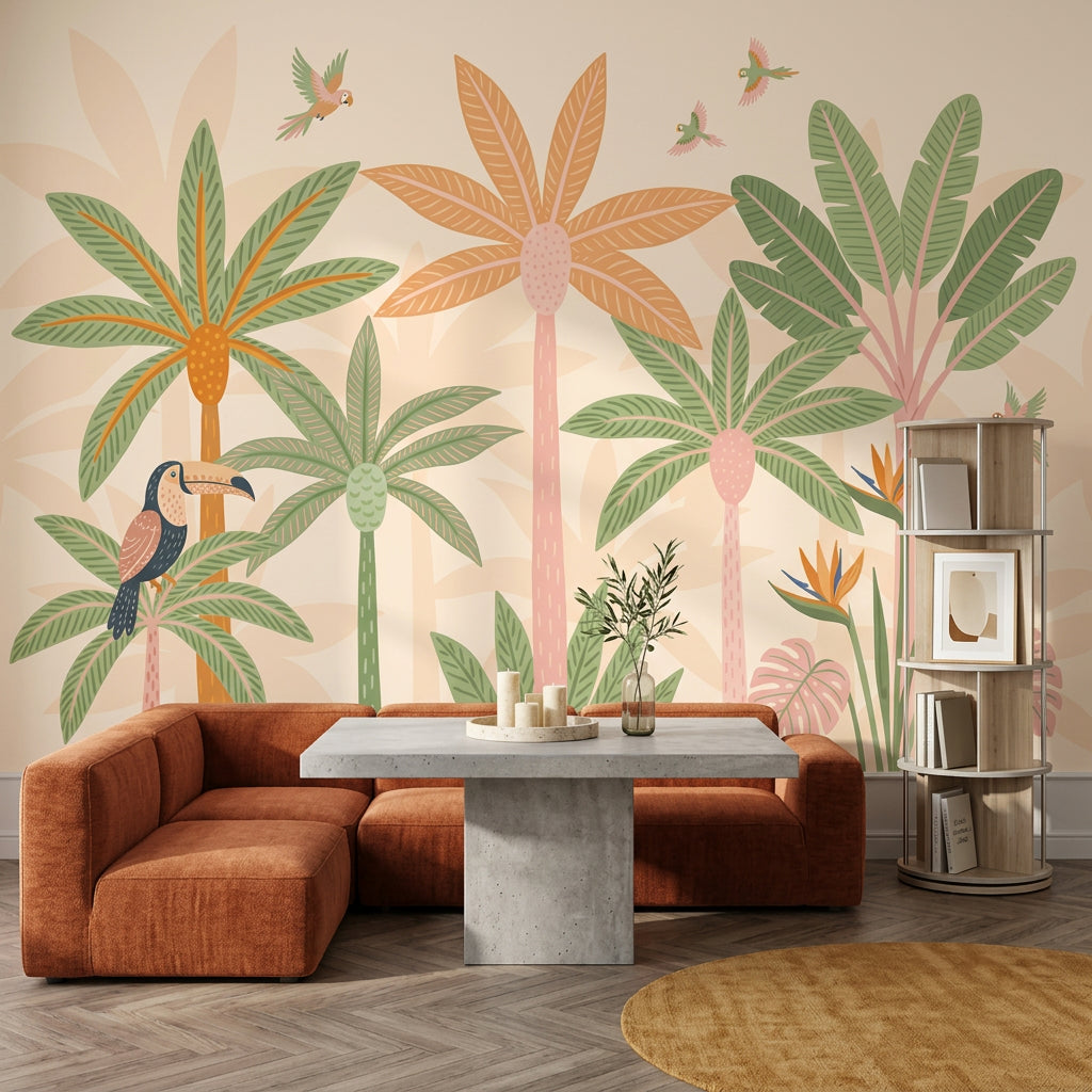 Tropical Wallpaper Palm Trees Parrots Removable Wall Decor