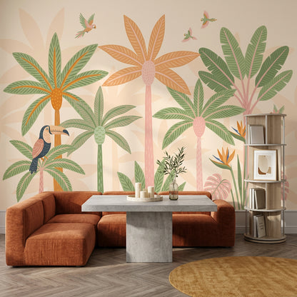 Tropical Wallpaper Palm Trees Parrots Removable Wall Decor