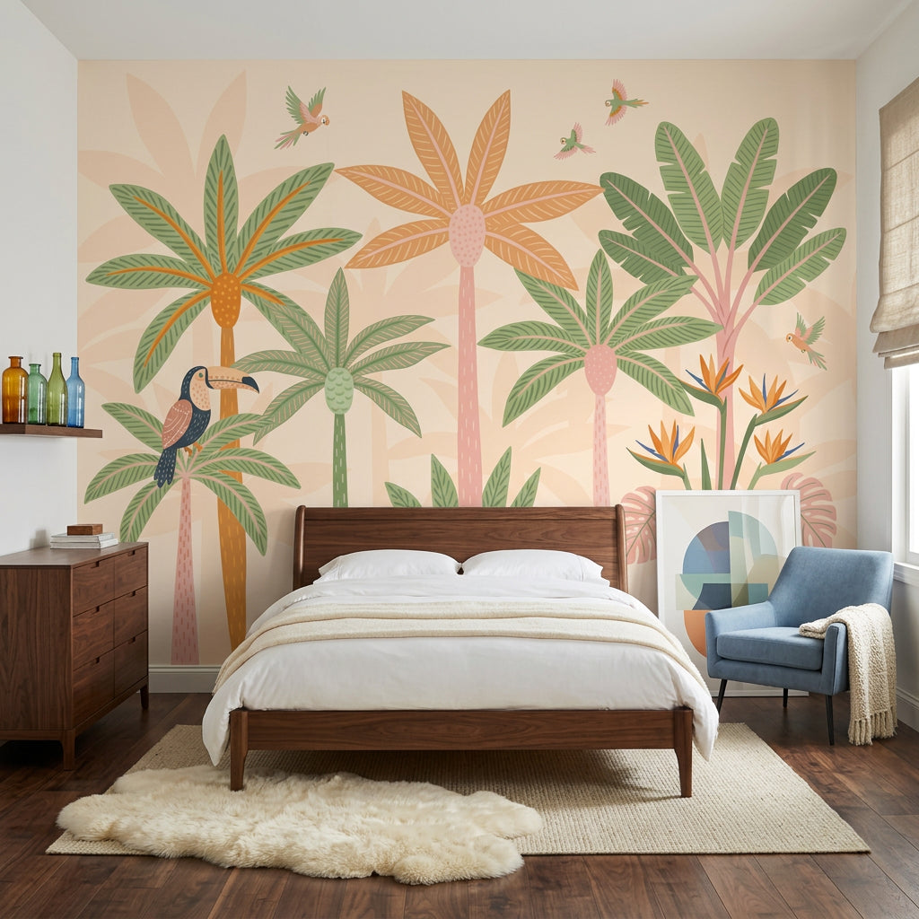 Tropical Wallpaper Palm Trees Parrots Removable Wall Decor