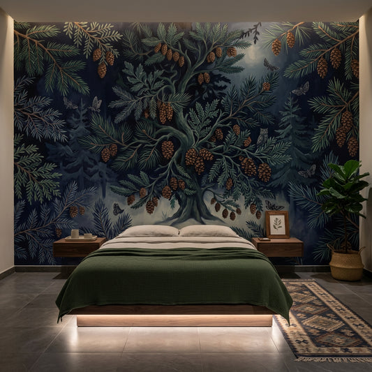Dark Forest Wallpaper Pine Branches Vintage Illustration Removable Wall Decor