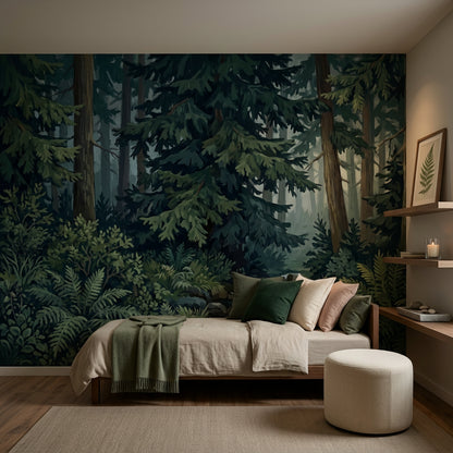 Misty Forest Wallpaper Evergreen Woodland Wall Mural