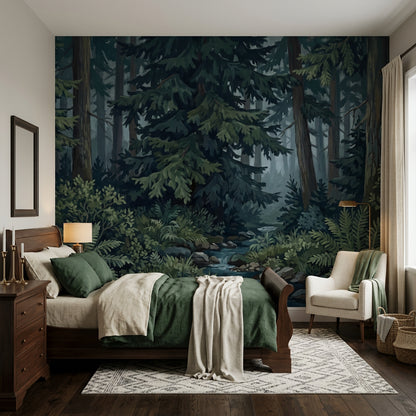 Misty Forest Wallpaper Evergreen Woodland Wall Mural
