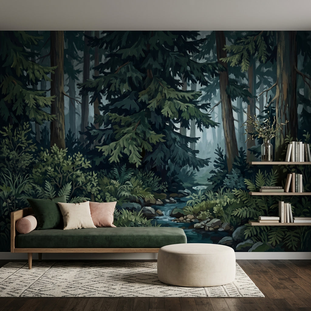 Misty Forest Wallpaper Evergreen Woodland Wall Mural