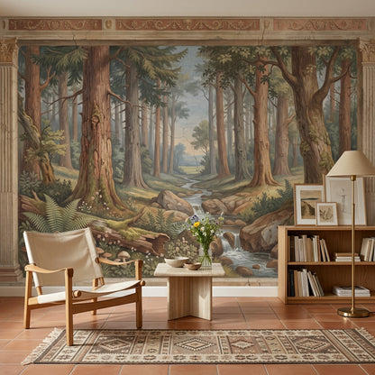 Forest Landscape Mural Wallpaper Stream And Waterfall Tall Trees Removable Wall Decor