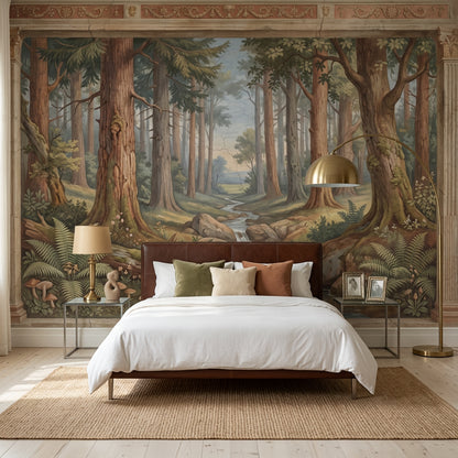 Forest Landscape Mural Wallpaper Stream And Waterfall Tall Trees Removable Wall Decor