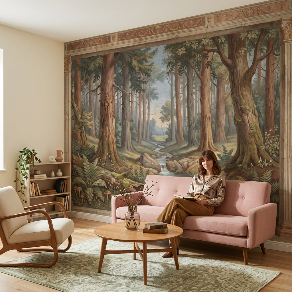 Forest Landscape Mural Wallpaper Stream And Waterfall Tall Trees Removable Wall Decor