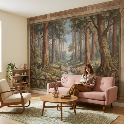 Forest Landscape Mural Wallpaper Stream And Waterfall Tall Trees Removable Wall Decor